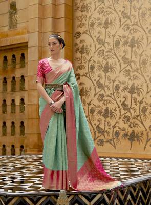 Green Silk Blend Traditional Designer Woven Saree With Blouse For Women 1