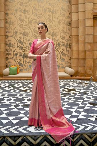 Pink kanjivaram style silk bland zari weaving saree with Blouse