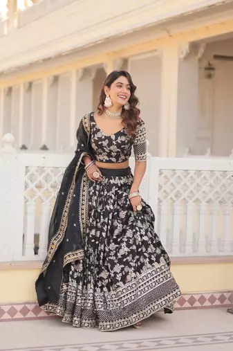 WOMEN'S BLACK VISCOSE JACQUARD WITH EMBROIDERED SEQUINS WORK LEHENGA CHOLI