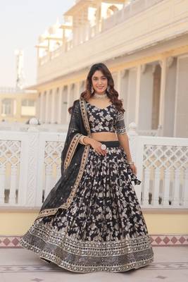 WOMEN'S BLACK VISCOSE JACQUARD WITH EMBROIDERED SEQUINS WORK LEHENGA CHOLI 4