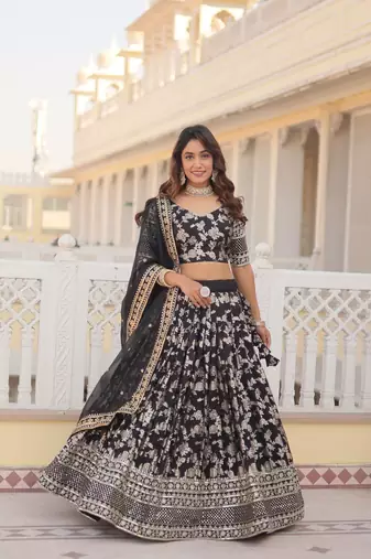 WOMEN'S BLACK VISCOSE JACQUARD WITH EMBROIDERED SEQUINS WORK LEHENGA CHOLI