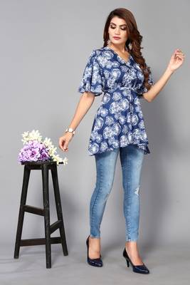 Designer Floral Digital Blue Colour Short Kurti For Formal Party Looks 1
