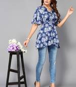 Designer Floral Digital Blue Colour Short Kurti For Formal Party Looks