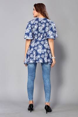 Designer Floral Digital Blue Colour Short Kurti For Formal Party Looks 3