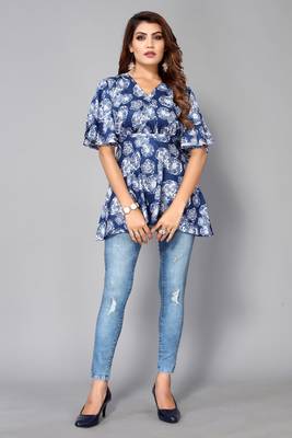 Designer Floral Digital Blue Colour Short Kurti For Formal Party Looks 5