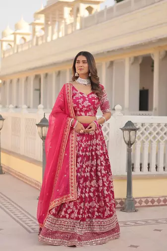 WOMEN'S PINK VISCOSE JACQUARD WITH EMBROIDERED SEQUINS WORK LEHENGA CHOLI