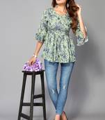 Designer Floral Digital Green Colour Short Kurti For Formal Party Looks