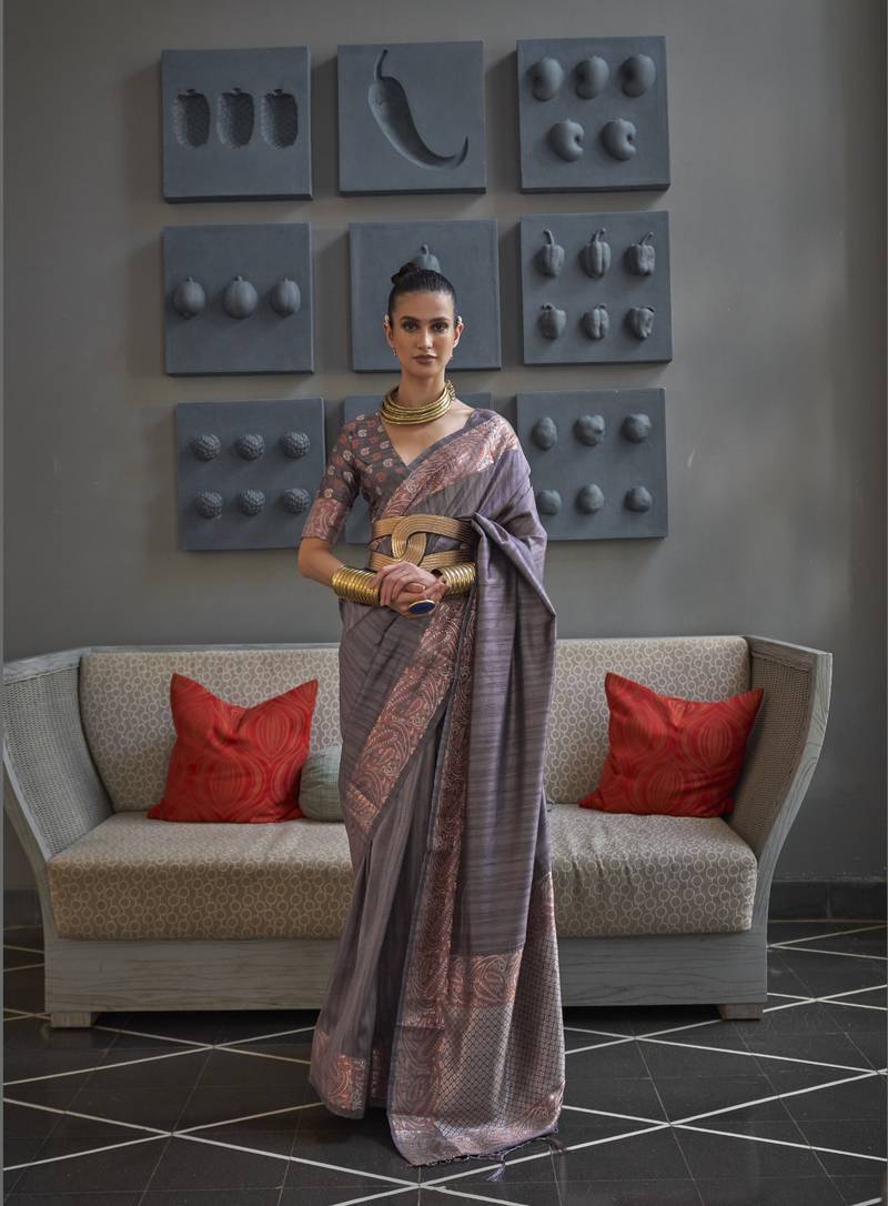 Grey Silk Blend Handloom Saree Pure Golden Gala Copper Zari Saree With Blouse For Women