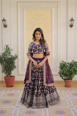 WOMEN'S WINE VISCOSE JACQUARD WITH EMBROIDERED SEQUINS WORK LEHENGA CHOLI 1