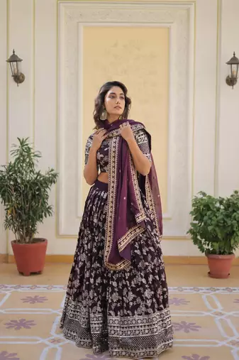 WOMEN'S WINE VISCOSE JACQUARD WITH EMBROIDERED SEQUINS WORK LEHENGA CHOLI