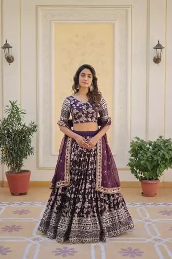 WOMEN'S WINE VISCOSE JACQUARD WITH EMBROIDERED SEQUINS WORK LEHENGA CHOLI