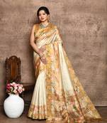 Mustard floral printed silk saree with blouse