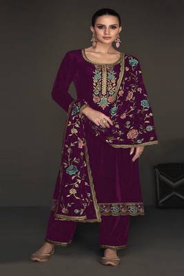 Purple Colour Heavy Designer Floral Embroidery Work Heavy Velvet Fabric Wedding Dress 1