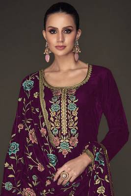 Purple Colour Heavy Designer Floral Embroidery Work Heavy Velvet Fabric Wedding Dress 2