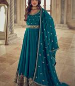 Designer Heavy Embroidery Work Aqua Blue Colour Dazzling Partywear Heavy Dress