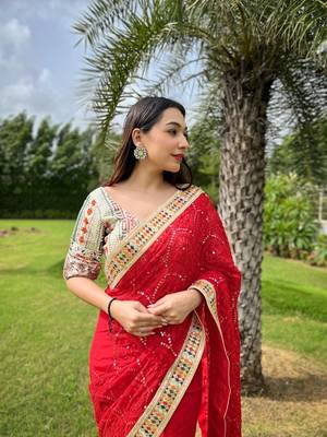 Red Colour Heavy Work Georgette Wedding Wear Saree WITH UN-STITCHED BLOUSE 2