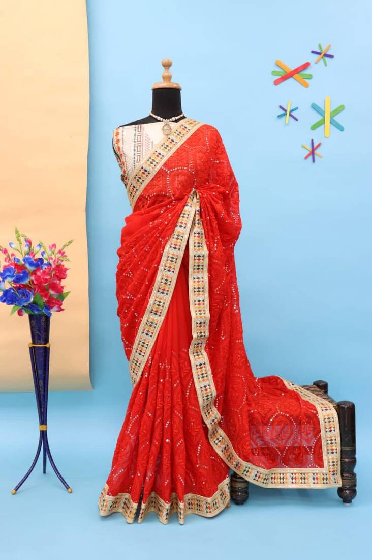 Red Colour Heavy Work Georgette Wedding Wear Saree WITH UN-STITCHED BLOUSE