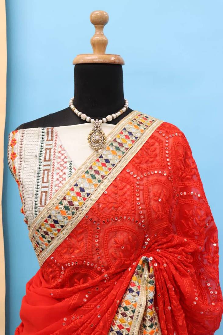 Red Colour Heavy Work Georgette Wedding Wear Saree WITH UN-STITCHED BLOUSE