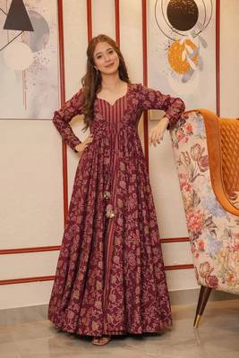 Beautiful Maroon Colour Partywear Gown With Stylish Shrug For Ethnic Girlish Looks 1