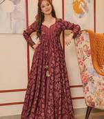 Beautiful Maroon Colour Partywear Gown With Stylish Shrug For Ethnic Girlish Looks