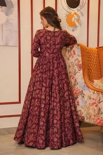 Beautiful Maroon Colour Partywear Gown With Stylish Shrug For Ethnic Girlish Looks