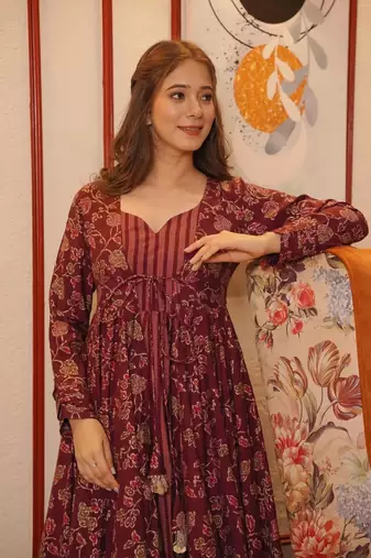 Beautiful Maroon Colour Partywear Gown With Stylish Shrug For Ethnic Girlish Looks
