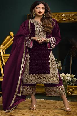 Heavy Embroidery Work Velvet Fabric Partywear Purple Colour Salwar Suit 1