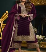 Heavy Embroidery Work Velvet Fabric Partywear Purple Colour Salwar Suit