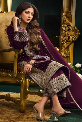Heavy Embroidery Work Velvet Fabric Partywear Purple Colour Salwar Suit 2