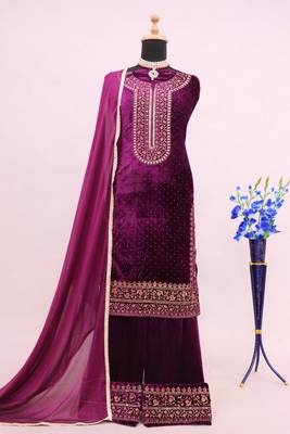 Heavy Embroidery Work Velvet Fabric Partywear Purple Colour Salwar Suit 3