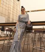 Grey Women Silk Blend Woven Design Handloom Saree With Blouse For Women