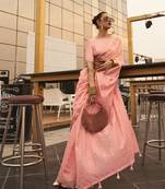 Peach Women Silk Blend Woven Design Handloom Saree With Blouse For Women