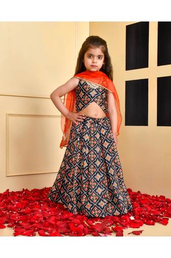 Black printed silk lehenga set with red dupatta