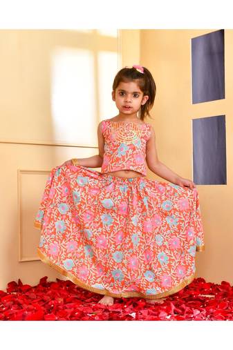 Orange & pink floral cotton lehenga set