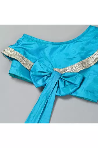 Teal blue back bow silk lehenga set