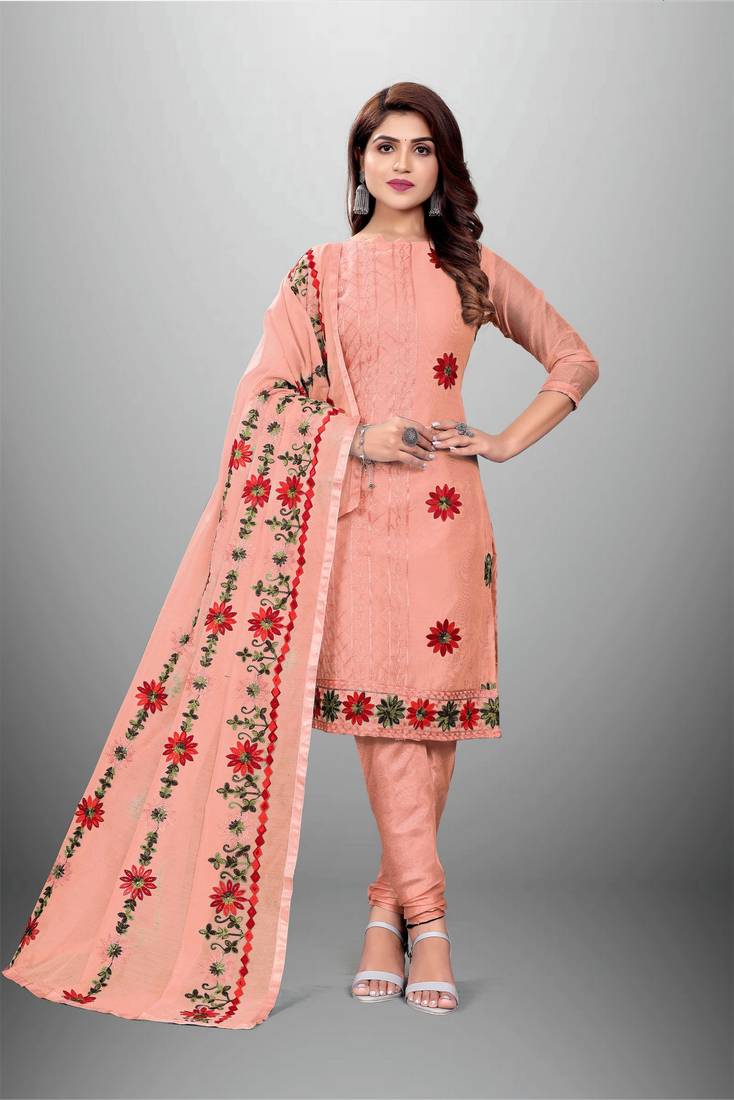 Designer Embroidery Work Peach Colour ChanderiFabric Salwar Suit