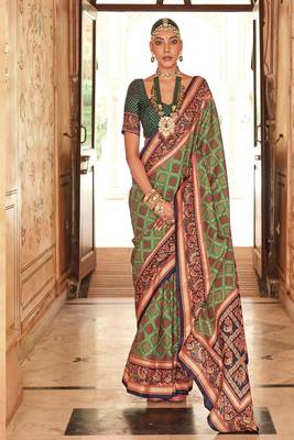 Green Woven With Faux Banarasi Printed Silk c Ethnic Traditional Saree 1
