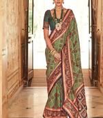 Green Woven With Faux Banarasi Printed Silk c Ethnic Traditional Saree