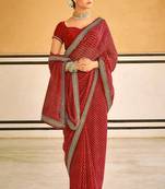 Red Bandhni Printed Georgette c Saree With Embroidery Work Lace