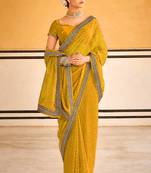 Yellow Bandhni Printed Georgette c Saree With Embroidery Work Lace
