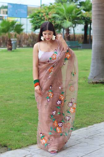 Amaingly Crafted Brown Organa Saree With Designer Floral Hand Print Work And Arco Cut Work