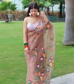 Amaingly Crafted Brown Organa Saree With Designer Floral Hand Print Work And Arco Cut Work