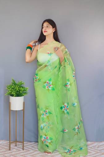 Amaingly Crafted Green Organa Saree With Designer Floral Hand Print Work And Arco Cut Work