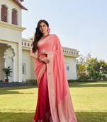 Elegant Peach And Red Sober Woven Designer Saree