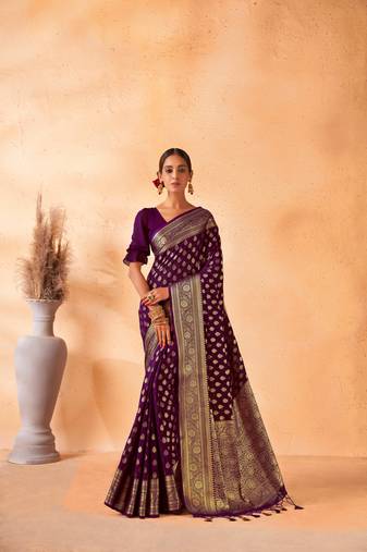 Purple Amazingly Zari Weaved Ethnic Wedding Wear Saree