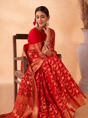 Red Amazingly Zari Weaved Ethnic Wedding Wear Saree 2