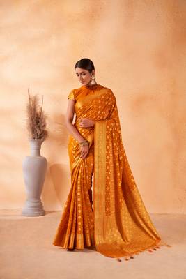 Mustard Amazingly Zari Weaved Ethnic Wedding Wear Saree 1