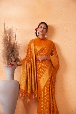 Mustard Amazingly Zari Weaved Ethnic Wedding Wear Saree 2