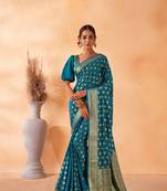 Teal Blue Amazingly Zari Weaved Ethnic Wedding Wear Saree