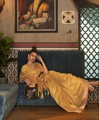 Yellow Tissue Woven Design Designer Saree With Blouse For Women 2